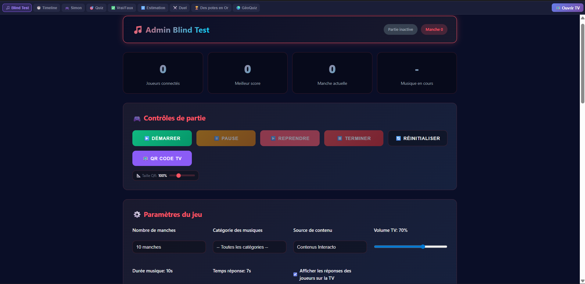Interface admin Interacto — Contrôle de partie Blind Test